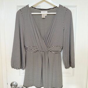 Classic Striped Knit Top with Ruched Waist Detail - 3/4 Sleeves - Size M